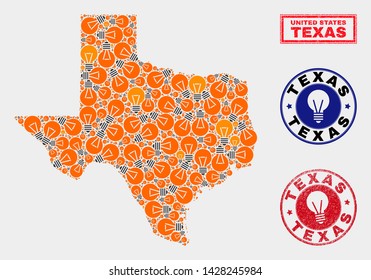 Electrical bulb mosaic Texas State map and grunge rounded stamps. Mosaic vector Texas State map is created with electrical bulb icons. Abstraction for patent business. Orange and red colors used.