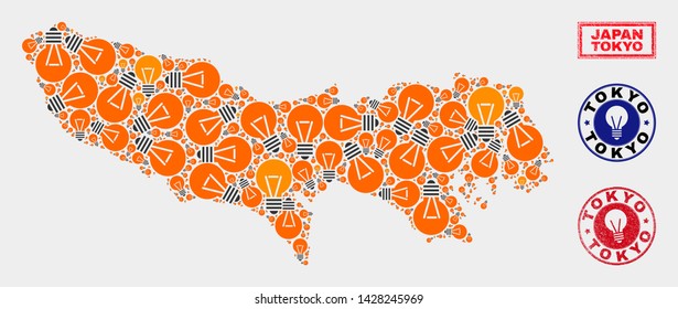 Electrical bulb mosaic Tokyo Prefecture map and rubber round seals. Mosaic vector Tokyo Prefecture map is created with electric bulb elements. Templates for power supply business.