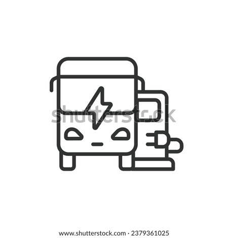 Electrical bus line icon. Hybrid Vehicles. Electric vehicle recharging point. Eco-friendly bus with electric battery.  EV charging station. Front view. Editable stroke. Vector illustration isolated.