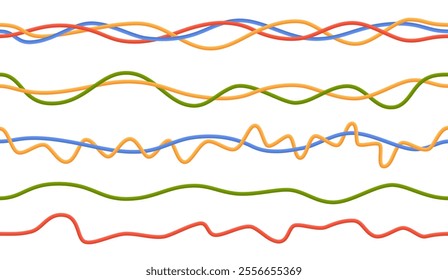 Electrical cable borders. Interlacing colored copper wires, flexible insulated connectors, plastic hoses, colorful curved bunches, electricity equipment cartoon flat nowaday vector set