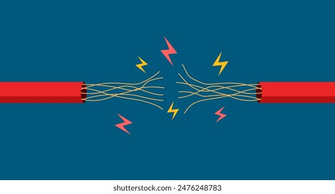 Elektrischer Kabelbruch mit elektrischer Entladung. Stromleitungsschäden, Banner der Stromversorgung und Energieerzeugung mit elektrischen Kabeladern und Hochspannungsentladung.