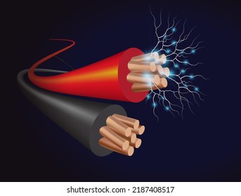 Electrical cable with copper wires, power equipment of energy industry. Vector realistic cable break or disconnect with electric discharge and sparks between stripped conductors.