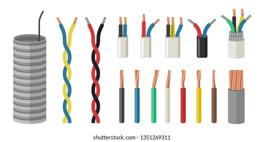 Electrical cables in flat style. Set with varieties of electric wire.