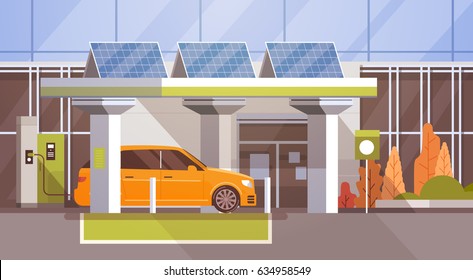 Electrical Car At Charging Station Eco Friendly Vehicle In City Flat Vector Illustration