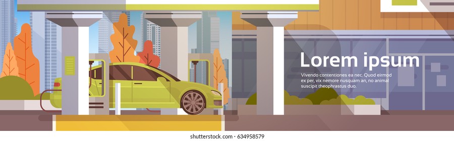 Electrical Car At Charging Station Eco Friendly Vehicle In City Flat Vector Illustration
