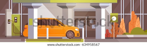 Electrical Car At Charging Station Eco\
Friendly Vehicle In City Flat Vector\
Illustration