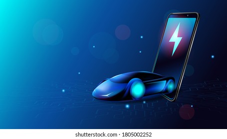 Electrical car or EV modern vehicle with smart phone. Future energy and innovation transportation concept. Vector illustration design.