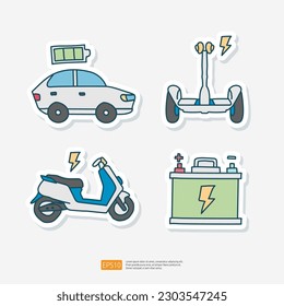 Electrical Car and Vehicle, Eco Battery Accumulator Energy Refueling, Electrical Motorcycle and Scooter. Doodle Sticker Icon Set Ecological Transport vector illustration