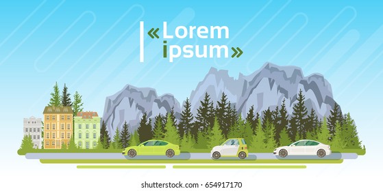 Electrical Cars On Road Over Mountains Summer Landscape Forest Ecological Friendly Transport Flat Vector Illustration