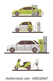 Electrical Cars And Scooters At Charging Station Eco Friendly Vehicle Set Flat Vector Illustration