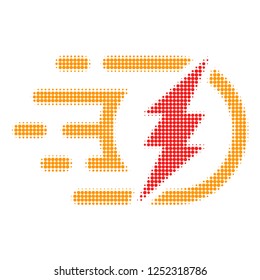 Electrical charge halftone dotted icon with fast speed effect. Vector illustration of electrical charge designed for modern abstraction with symbols of speed, rush, progress, energy.
