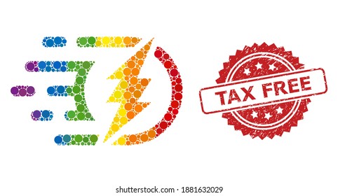 Electrical charge mosaic icon of circle spots in various sizes and LGBT bright color hues, and Tax Free rubber rosette stamp seal. A dotted LGBT-colored Electrical charge for lesbians, gays,