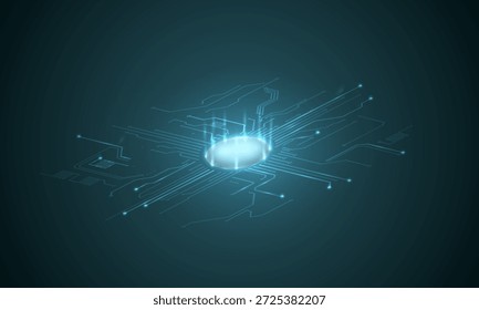 Una placa de circuito eléctrico con un chip. Las líneas brillantes de la placa base.