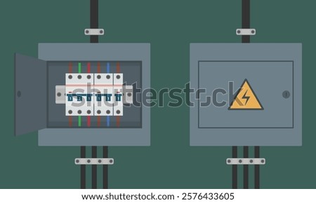 Electrical circuit breaker panel with open and closed doors. Vector image illustrating electrical safety equipment, suitable for educational or industrial purposes
