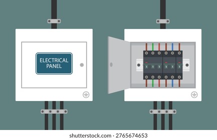 Electrical Circuit Breaker Panel Vector Set. Open and closed electrical control box for home maintenance guides, electrical safety infographics, and industrial construction designs