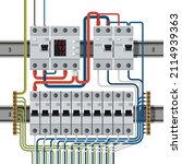 Electrical circuit breakers on din rails connected to wires. Wires are connected to residual current circuit breakers and voltage monitoring relay.