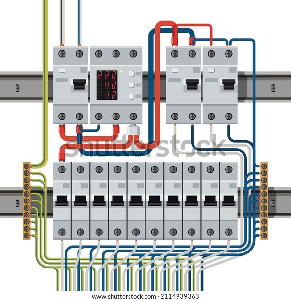 Electrical circuit breakers on din\
rails connected to wires. Wires are connected to residual current\
circuit breakers and voltage monitoring\
relay.