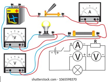 The electrical circuit, consisting of connected consumers of electric power, - resistors and a lamp, voltmeters for measuring the voltage at different sections of the circuit and ammeters for measurin