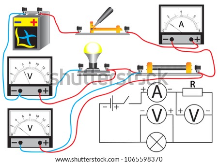 The electrical circuit, consisting of connected consumers of electric power, - resistors and a lamp, voltmeters for measuring the voltage at different sections of the circuit and ammeters for measurin