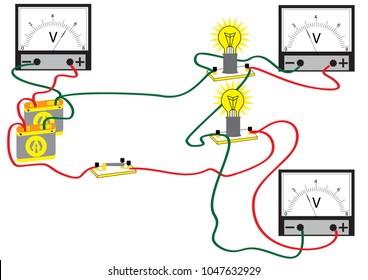 An Electrical Circuit Consisting Of Consecutively Connected Electric Power Consumers, Voltmeters For Measuring The Voltage At Different Sections Of The Circuit.