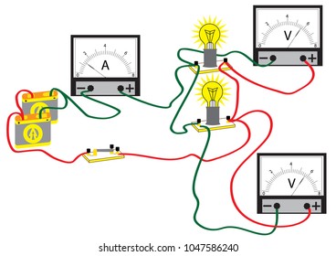 An electrical circuit consisting of parallel connected consumers, voltmeters for measuring the voltage and ammeter for measuring the amperage.