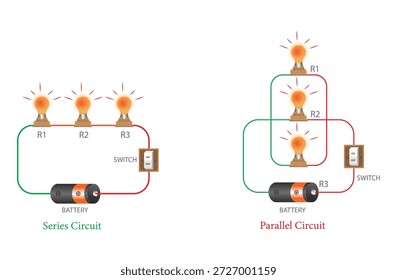 Diagrama del circuito eléctrico que compara la serie y los circuitos paralelos con las bombillas, la batería y el interruptor. Serie y Diagrama de Circuito Eléctrico Paralelo.

