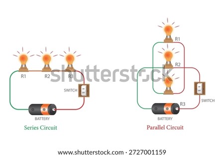 Electrical Circuit Diagram Comparing Series and Parallel Circuits with Light Bulbs, Battery and Switch. Series and Parallel Electrical Circuit Diagram.

