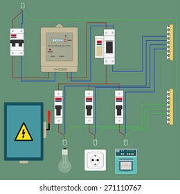 Electrical circuit with an image of electric devices in flat-style