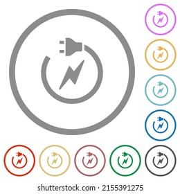 Electrical circuit with plug and cord flat color icons in round outlines on white background