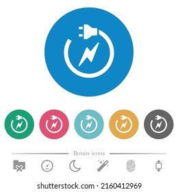 Electrical circuit with plug and cord flat white icons on round color backgrounds. 6 bonus icons included.