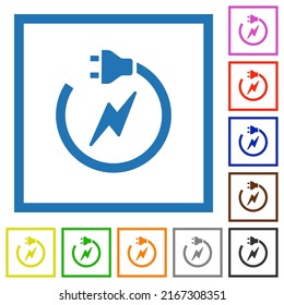 Electrical circuit with plug and cord flat color icons in square frames on white background