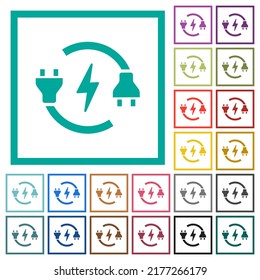 Electrical circuit with plug and cord flat color icons with quadrant frames on white background