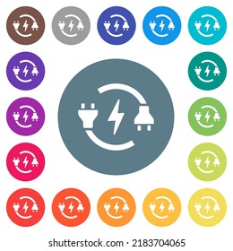 Electrical circuit with plug and cord flat white icons on round color backgrounds. 17 background color variations are included.