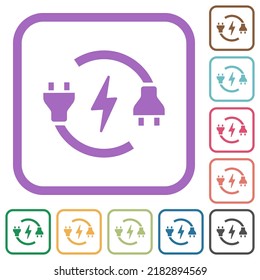 Electrical circuit with plug and cord simple icons in color rounded square frames on white background