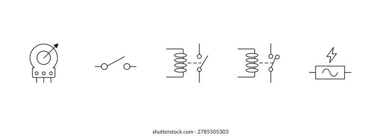 Electrical circuit switch relay and potentiometer line icon set vector illustration.