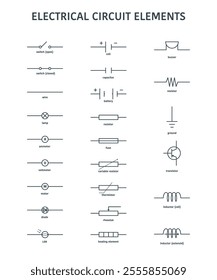 Electrical Circuit Symbol Sign Black Thin Line Icon Set Include of Diode, Switch, Resistor and Capacitor. Vector illustration of Icons