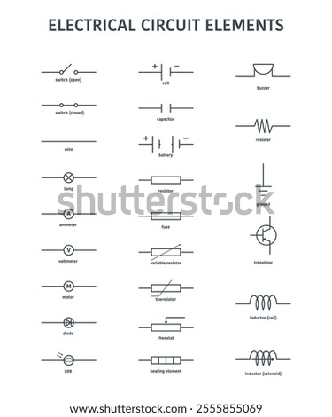 Electrical Circuit Symbol Sign Black Thin Line Icon Set Include of Diode, Switch, Resistor and Capacitor. Vector illustration of Icons