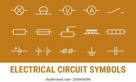 Electrical circuit symbols set. White Flat icons elements on orange background. Lamp, Ammeter and voltmeter, bell, terminal, resistor and cell battery, heating element, electromagnet, fuse.