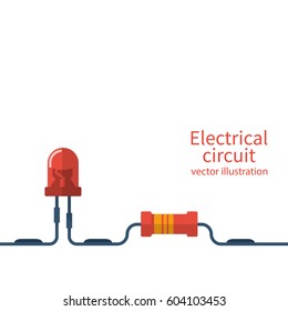 Electrical circuit template. Electronics repair, service center, workshop banner. Red LED and resistor connected to the circuit. Vector illustration flat design. Isolated on white background.