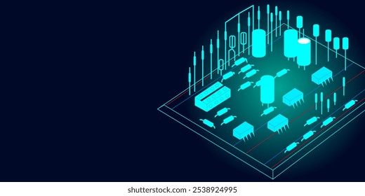 Electrical circuit with various components.  The circuit is neatly arranged on a breadboard. Abstract electrical circuit components on breadboard.