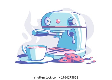 Electrical coffee machine vector illustration. Cup of hot aromatic coffee and biscuits flat style. Good morning and breakfast concept. Isolated on white background
