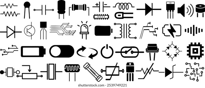 Electrical component symbols vector pack shows resistor, capacitor, transistor, diode, batterie, switch for circuit diagram designs, engineering visuals, electronics education, technical illustration