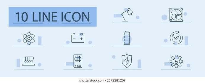 Electrical components and energy set icon. Lamp, fan, battery, atom, recycle, shield, gear, electricity, innovation, efficiency