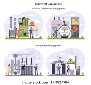 Electrical components and equipment industry. Heavy electricity technology. Idea of energy and power, electrical industry. Isolated flat vector illustration