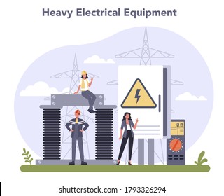 Electrical components and equipment industry. Heavy electricity technology. Idea of energy and power, electrical industry. Isolated flat vector illustration