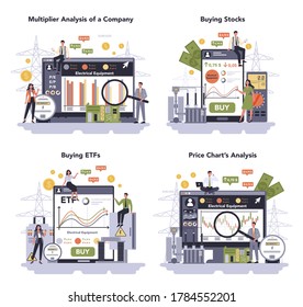 Electrical components and equipment industry online service or platform set. Multiplier analysis of a company, buying stocks and ETFs, price chart analysis. Flat vector illustration