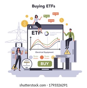 Electrical components and equipment industry online service or platform. Heavy electricity technology. Buying ETFs. Flat vector illustration