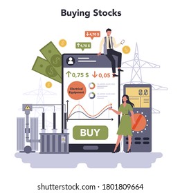 Electrical components and equipment industry online service or platform. Heavy electricity technology. Buying stocks. Flat vector illustration