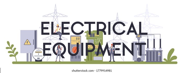 Electrical components and equipment industry typographic header. Heavy electricity technology. Idea of energy and power, electrical industry. Isolated flat vector illustration