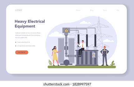 Banner web o página de aterrizaje de la industria de componentes eléctricos y equipos. Tecnología eléctrica pesada. Idea de energía y energía, industria eléctrica. Ilustración vectorial plana aislada